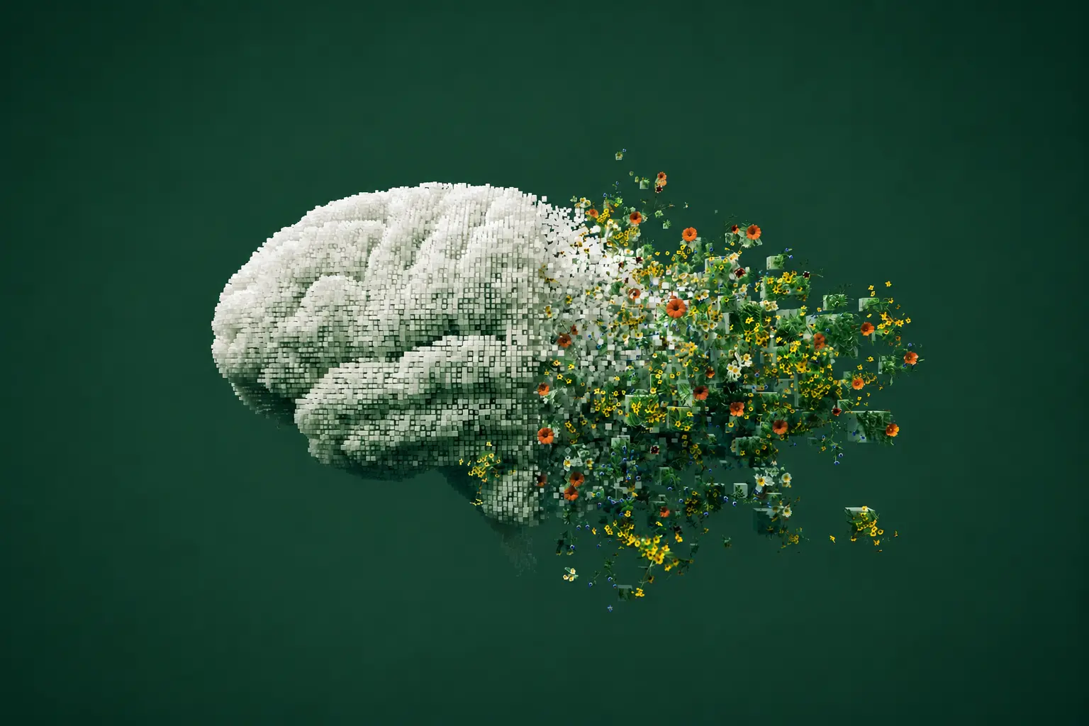 Cerveau se dispersant en particules, évoquant les effets d’une commotion cérébrale