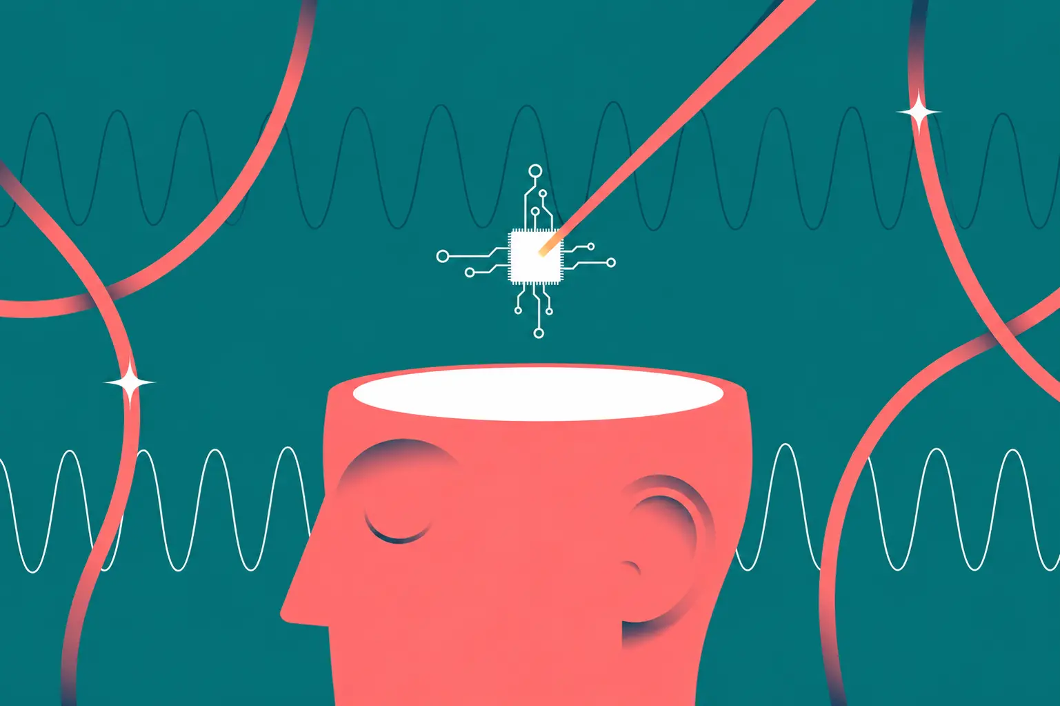 Illustration d’une tête ouverte traversée d’ondes cérébrales